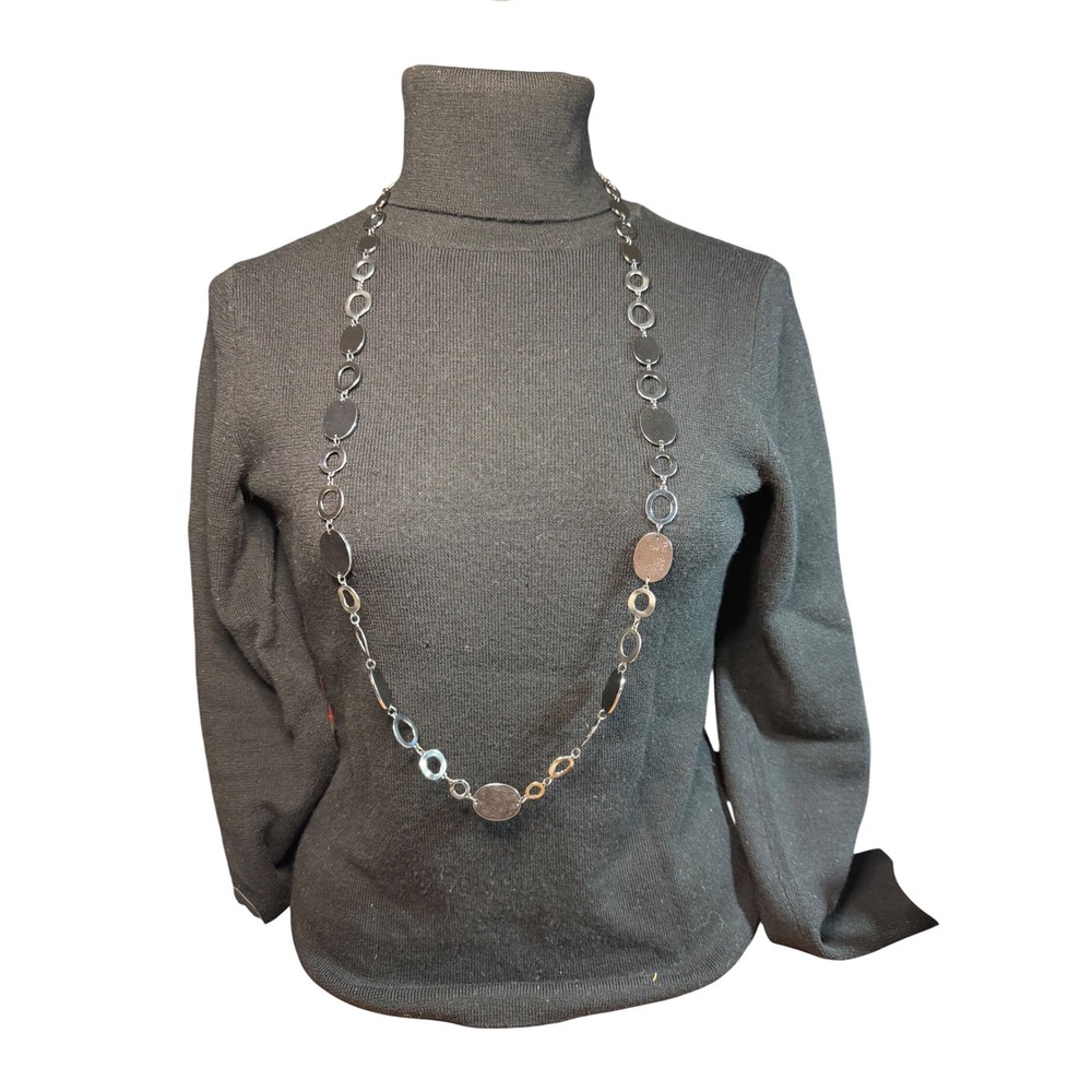 Chicos Long Black Gunmetal Statement Necklace Double Strand Geometric Oval Links - Picture 2 of 5